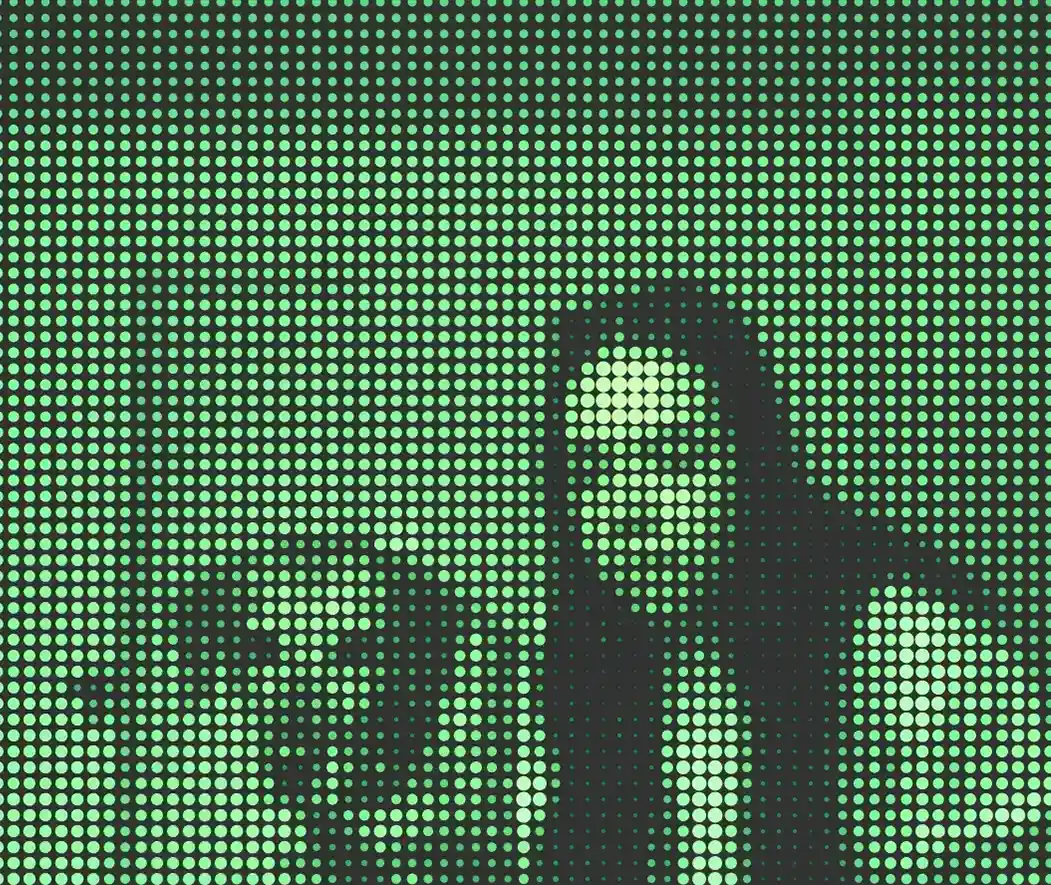 A photo of a person and a dog made out of green dots